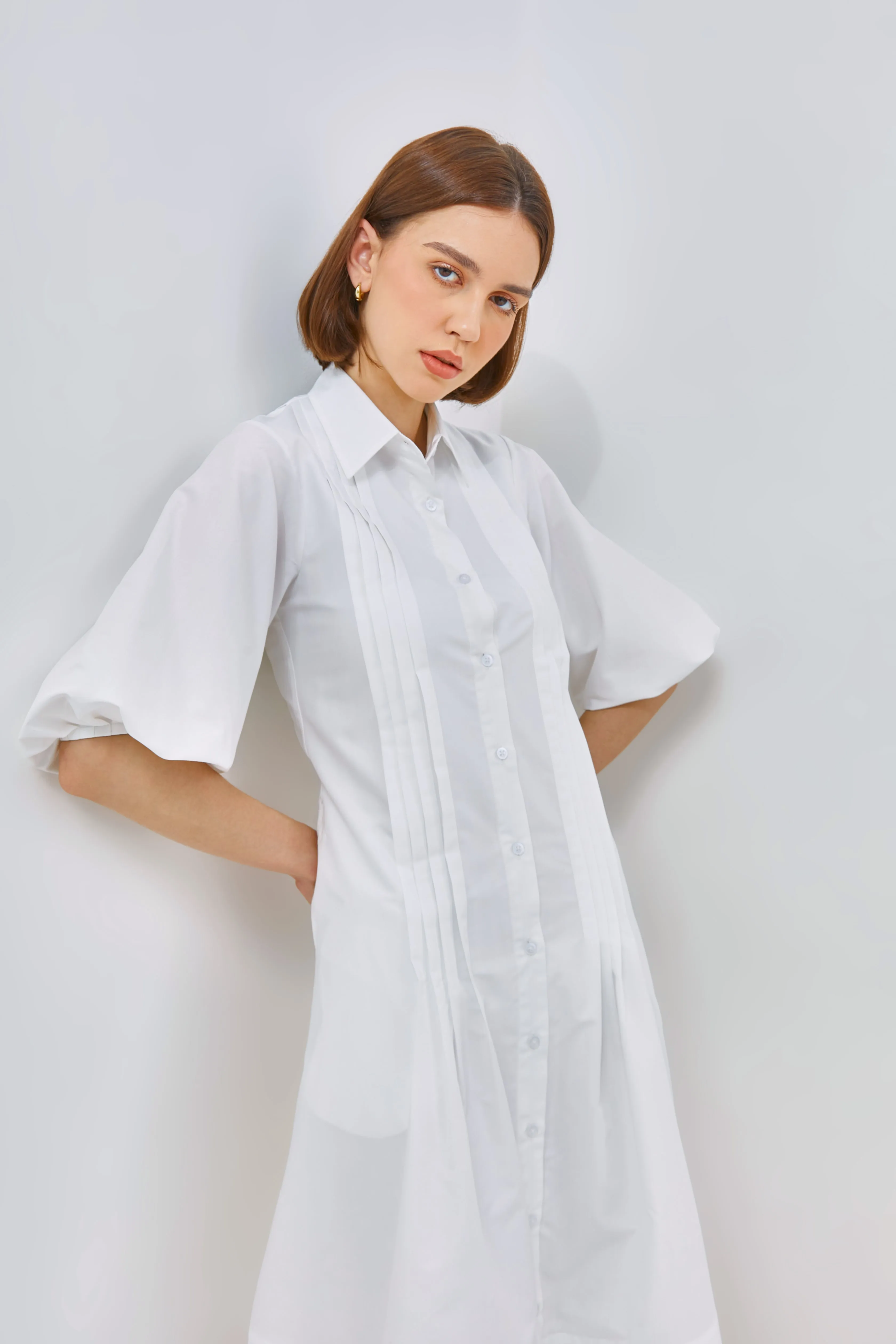 PUFF SLEEVE PLEAT SHIRTDRESS