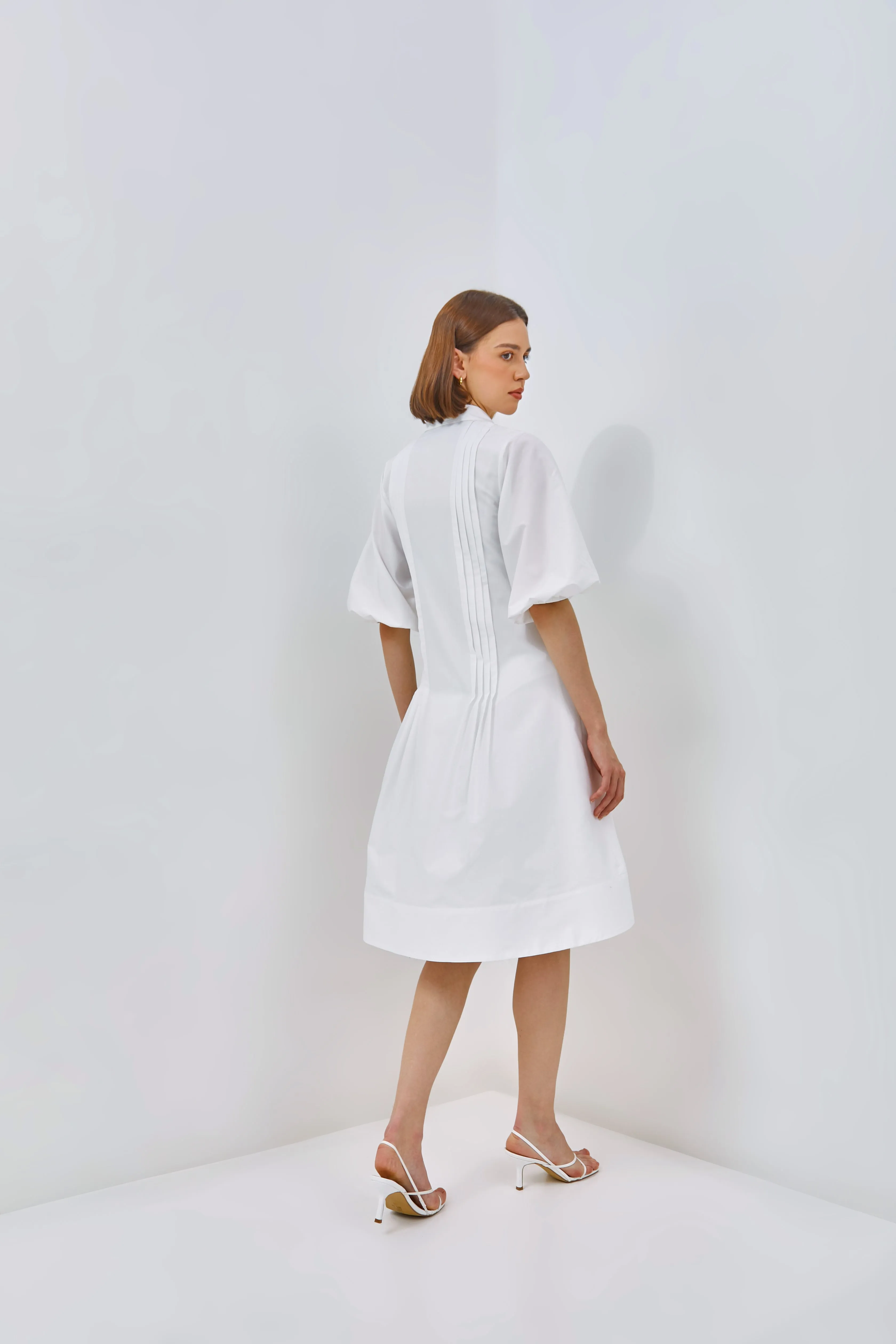 PUFF SLEEVE PLEAT SHIRTDRESS