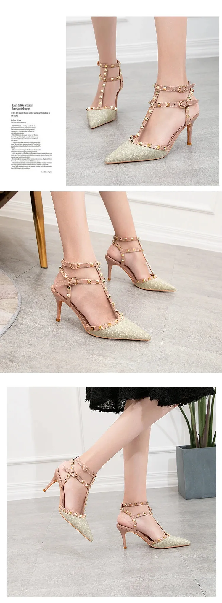 PUMPS High-heeled Shoes Female Pointed Stiletto Sexy Nightclub Word With Rivets Wild Sandals Female Summer