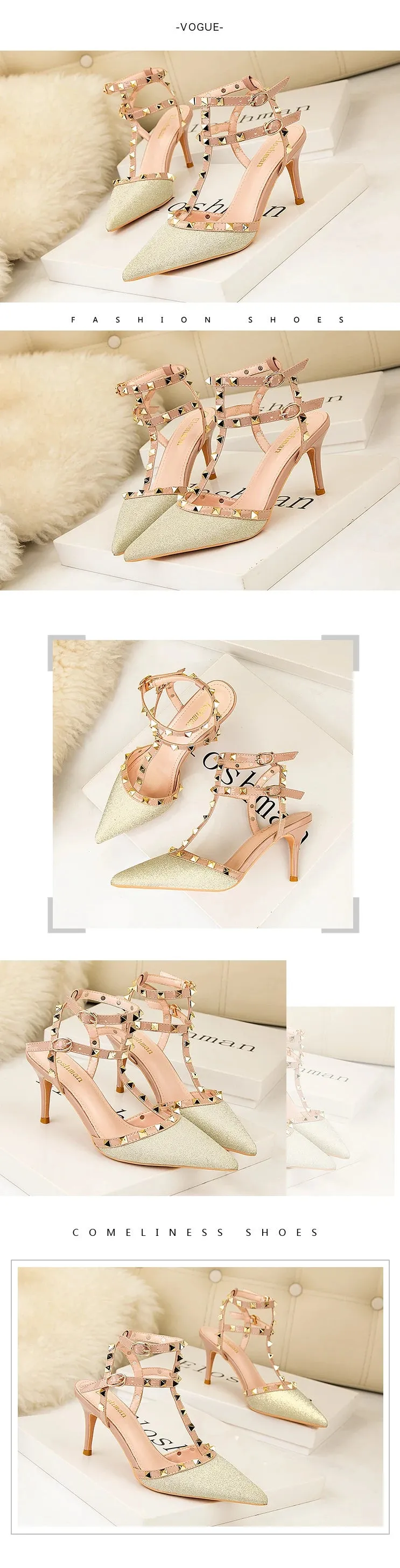 PUMPS High-heeled Shoes Female Pointed Stiletto Sexy Nightclub Word With Rivets Wild Sandals Female Summer