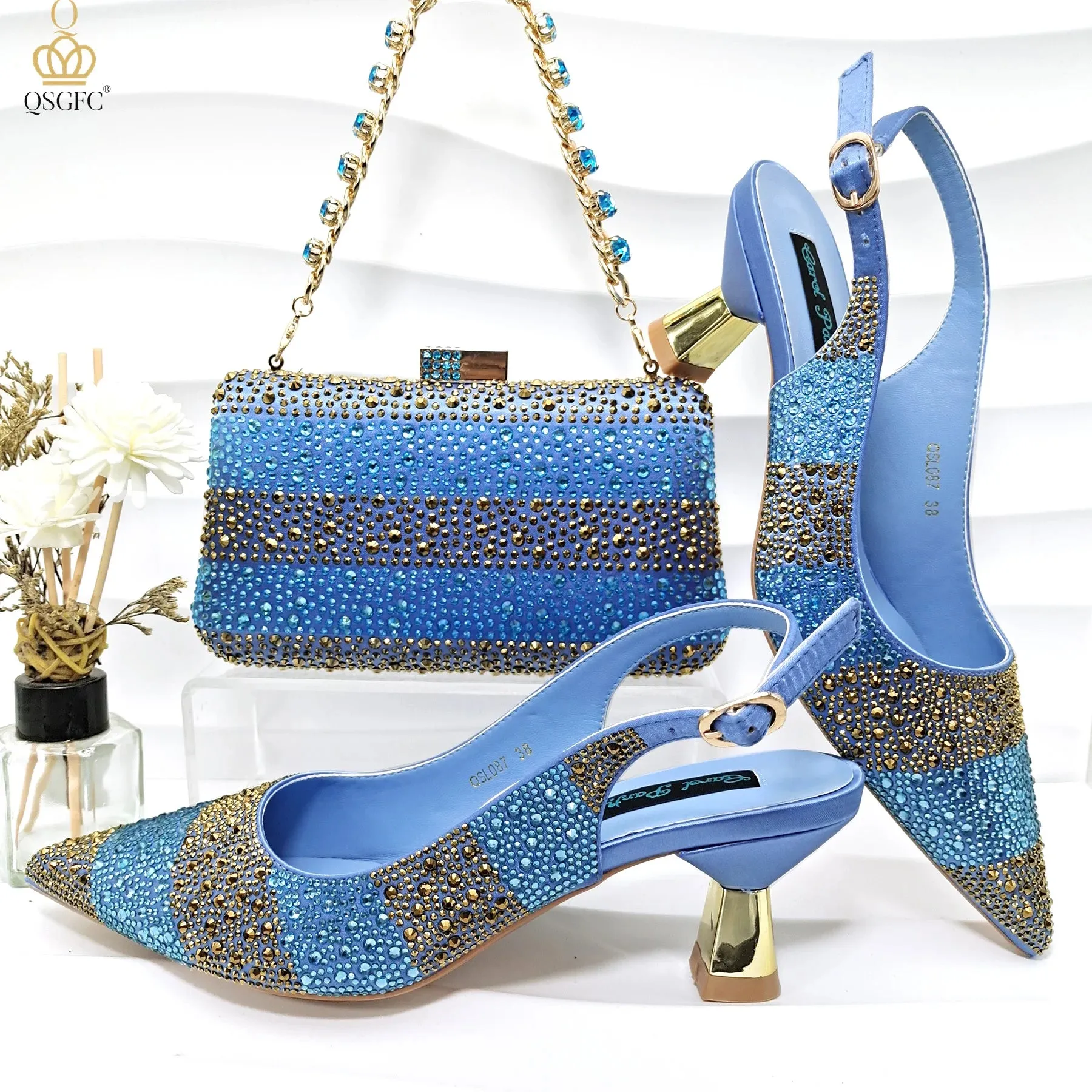QSGFC INS Gold Color Elegant Women Heels Shoes and Bag Set Hollow Rhinestones  High Heels Wedges Shoes Matching Bag