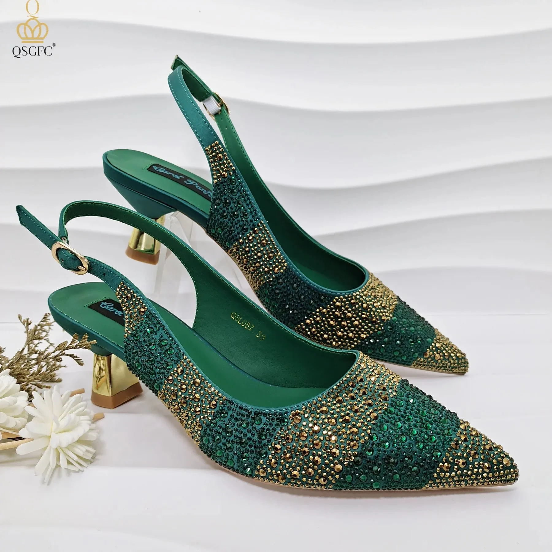 QSGFC INS Gold Color Elegant Women Heels Shoes and Bag Set Hollow Rhinestones  High Heels Wedges Shoes Matching Bag