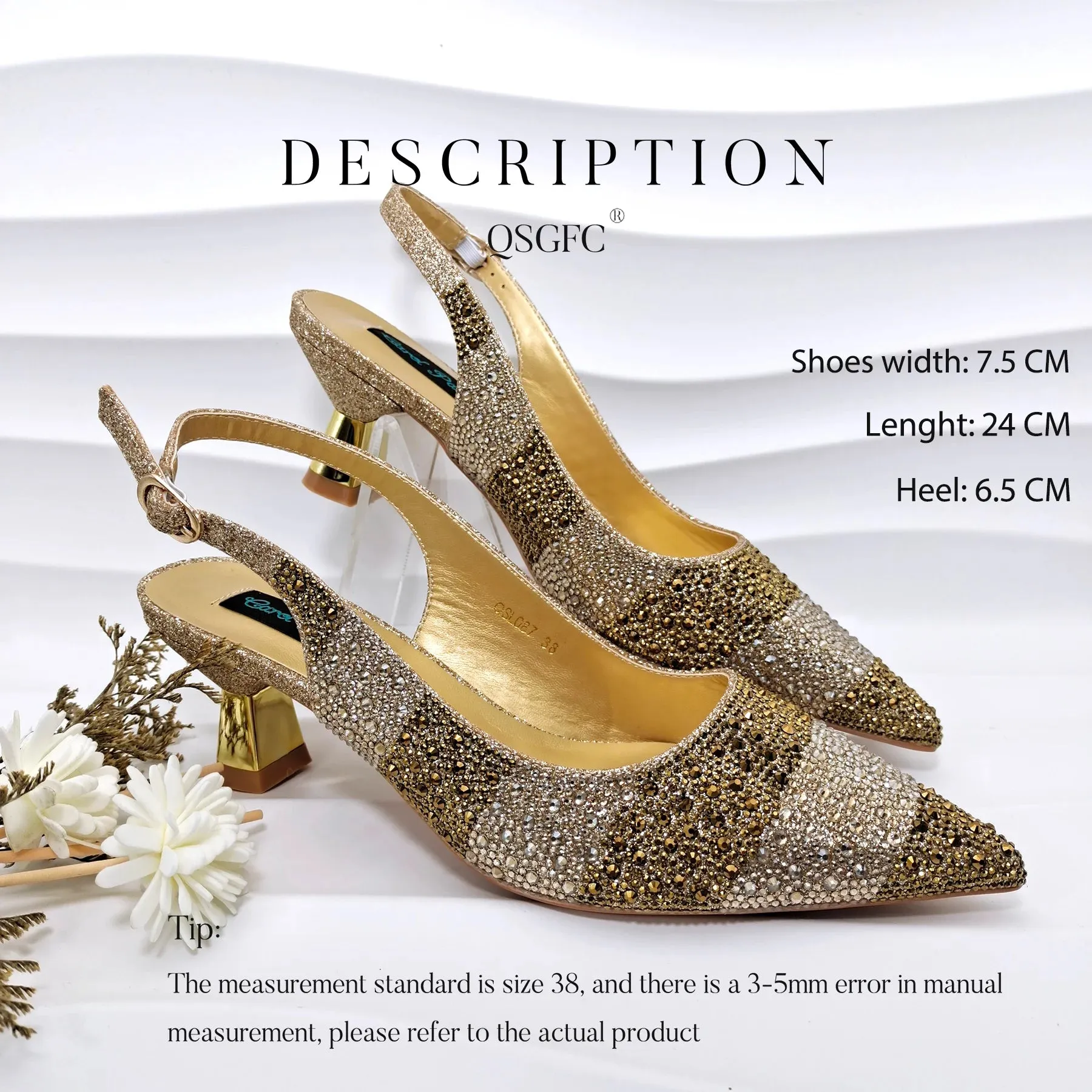 QSGFC INS Gold Color Elegant Women Heels Shoes and Bag Set Hollow Rhinestones  High Heels Wedges Shoes Matching Bag