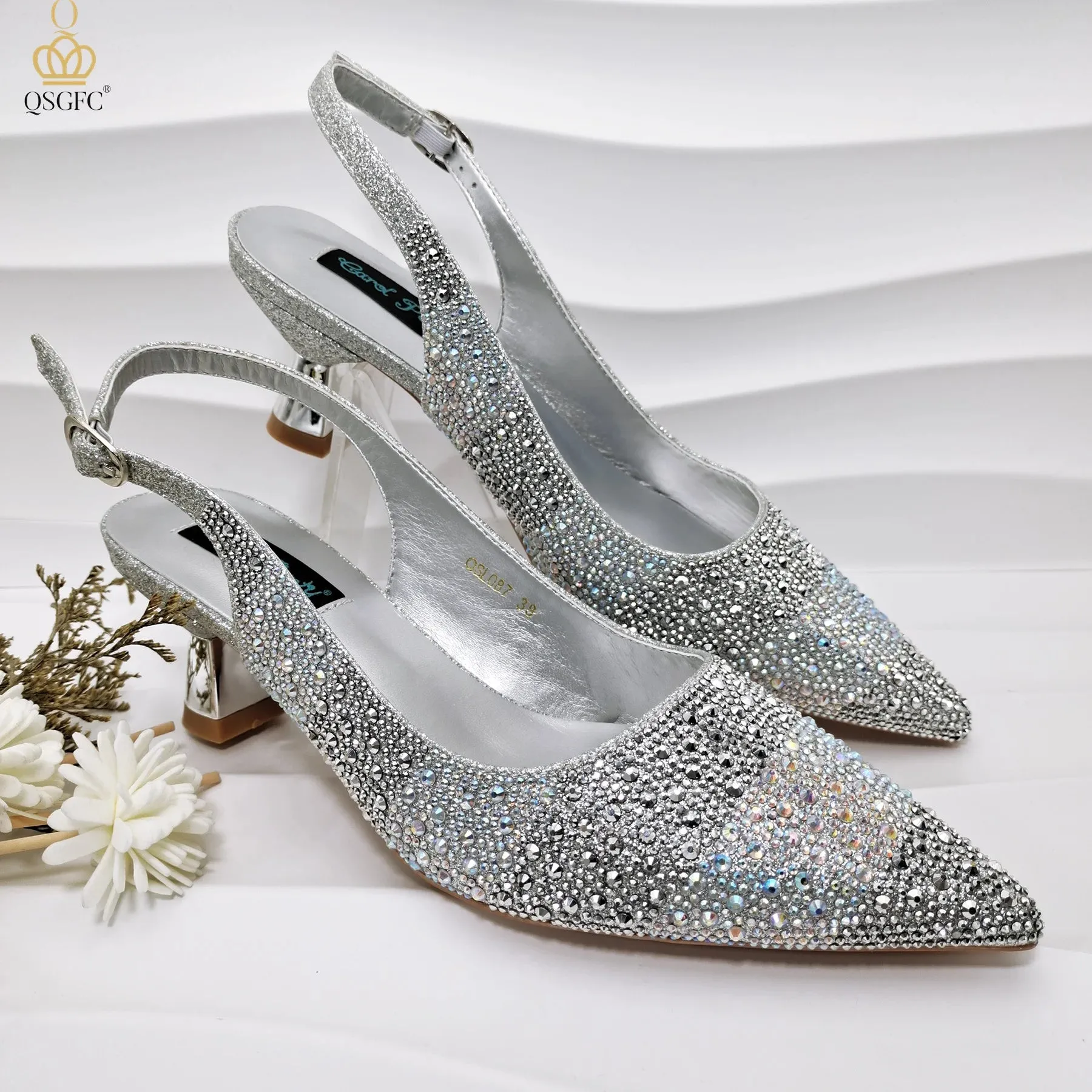 QSGFC INS Gold Color Elegant Women Heels Shoes and Bag Set Hollow Rhinestones  High Heels Wedges Shoes Matching Bag