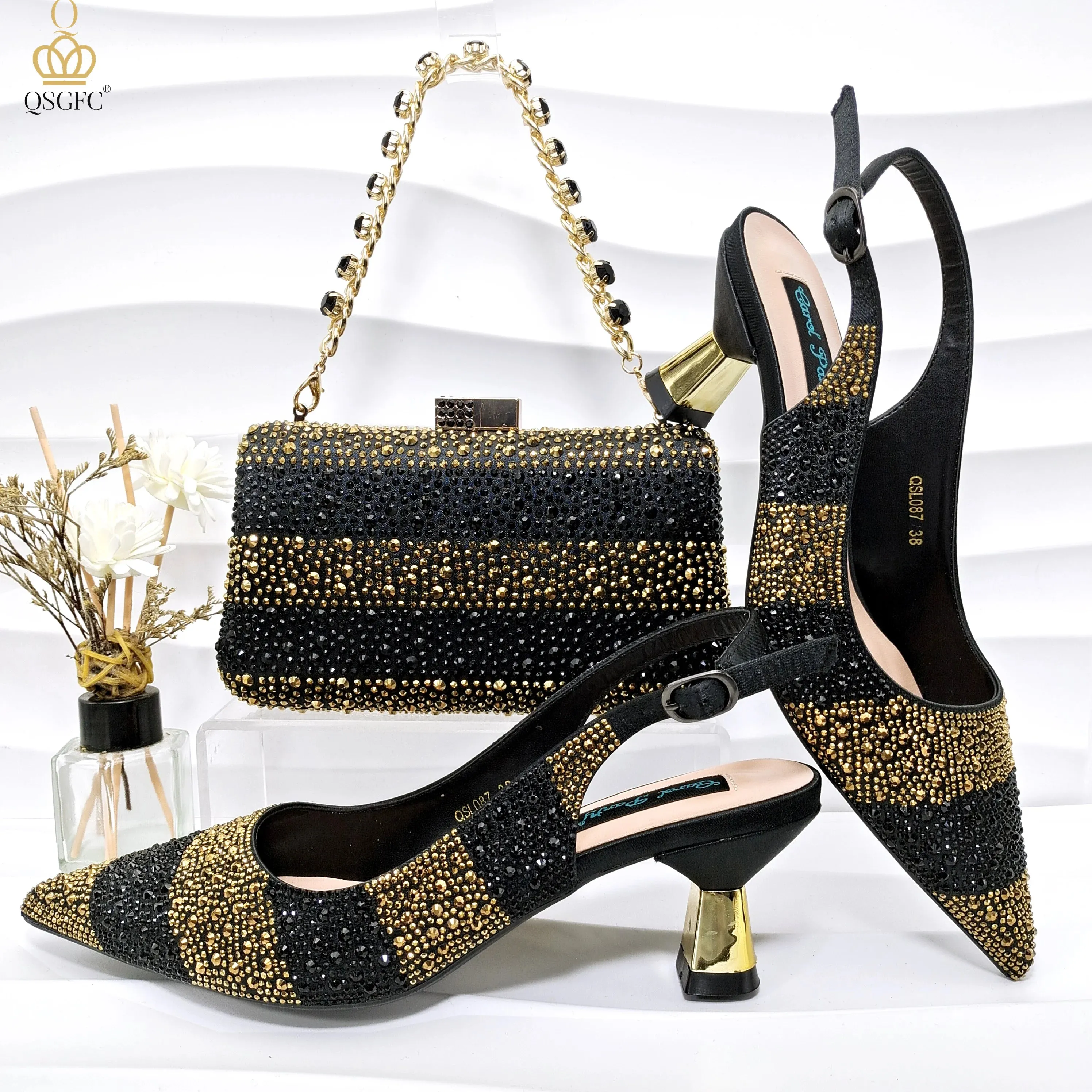 QSGFC INS Gold Color Elegant Women Heels Shoes and Bag Set Hollow Rhinestones  High Heels Wedges Shoes Matching Bag