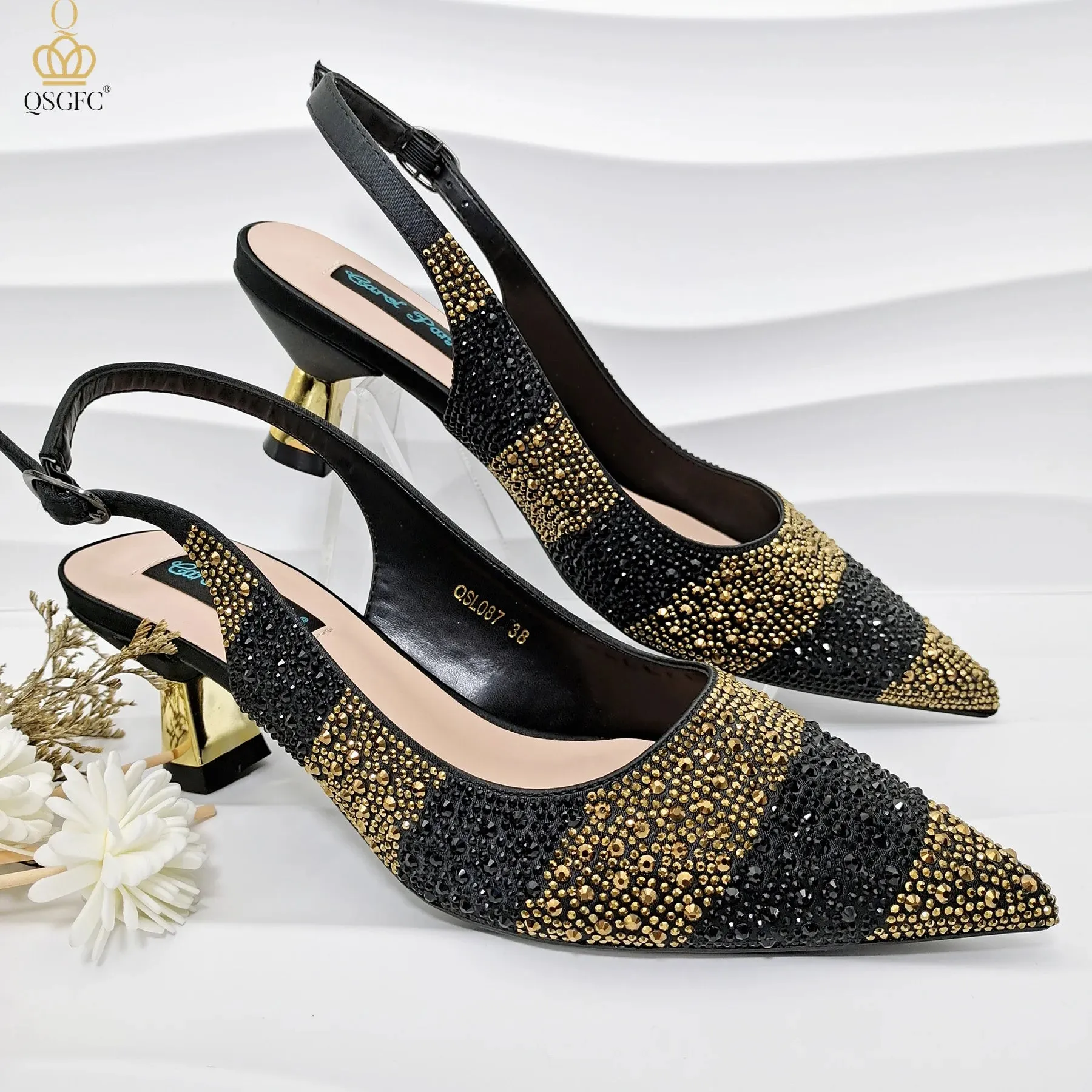 QSGFC INS Gold Color Elegant Women Heels Shoes and Bag Set Hollow Rhinestones  High Heels Wedges Shoes Matching Bag