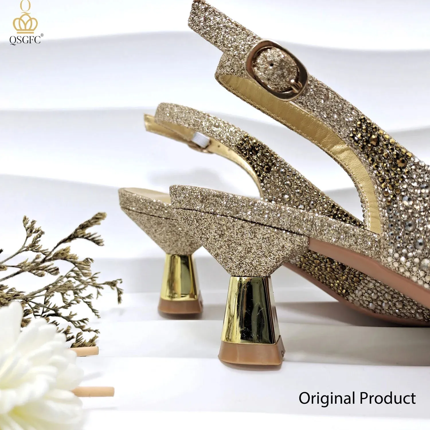 QSGFC INS Gold Color Elegant Women Heels Shoes and Bag Set Hollow Rhinestones  High Heels Wedges Shoes Matching Bag