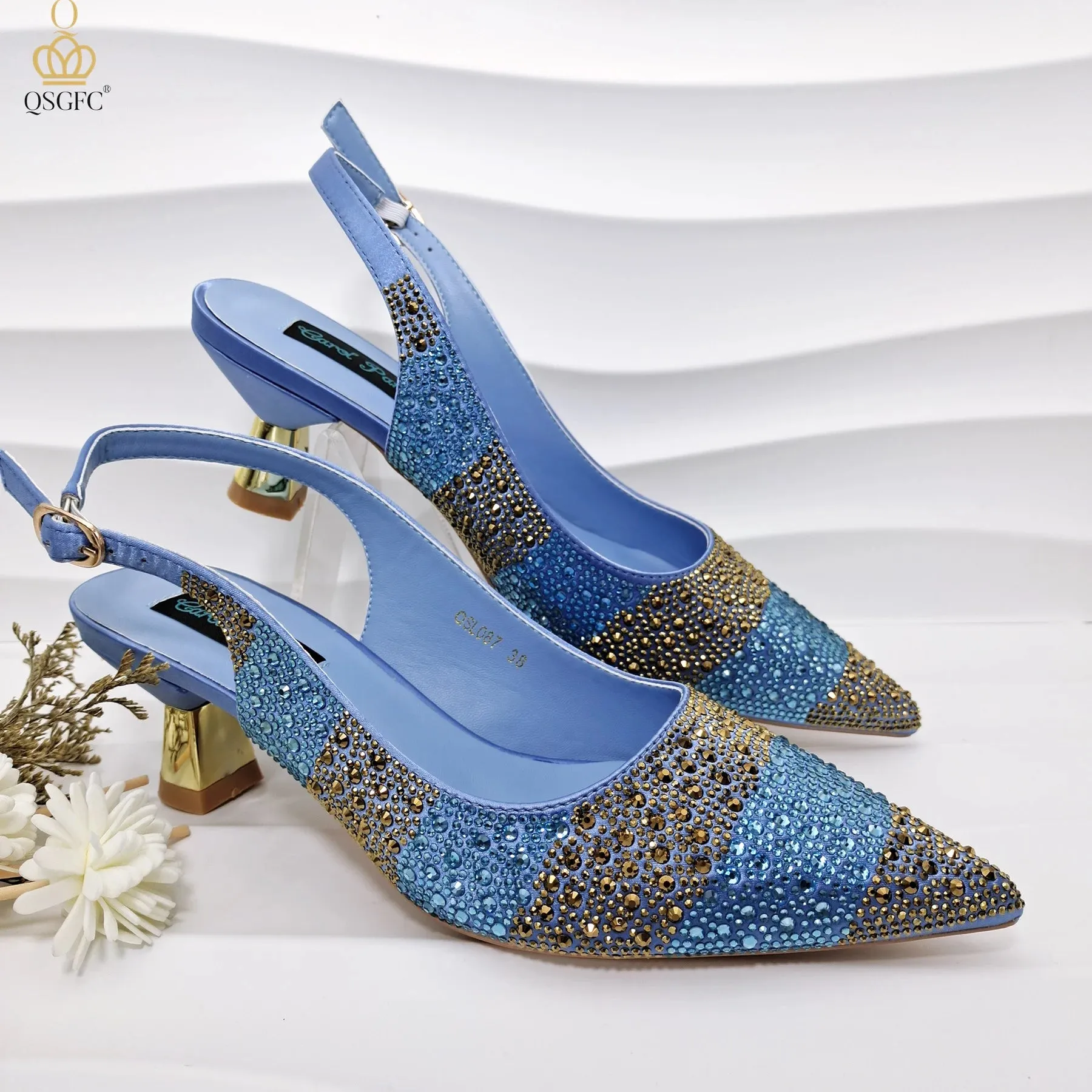 QSGFC INS Gold Color Elegant Women Heels Shoes and Bag Set Hollow Rhinestones  High Heels Wedges Shoes Matching Bag