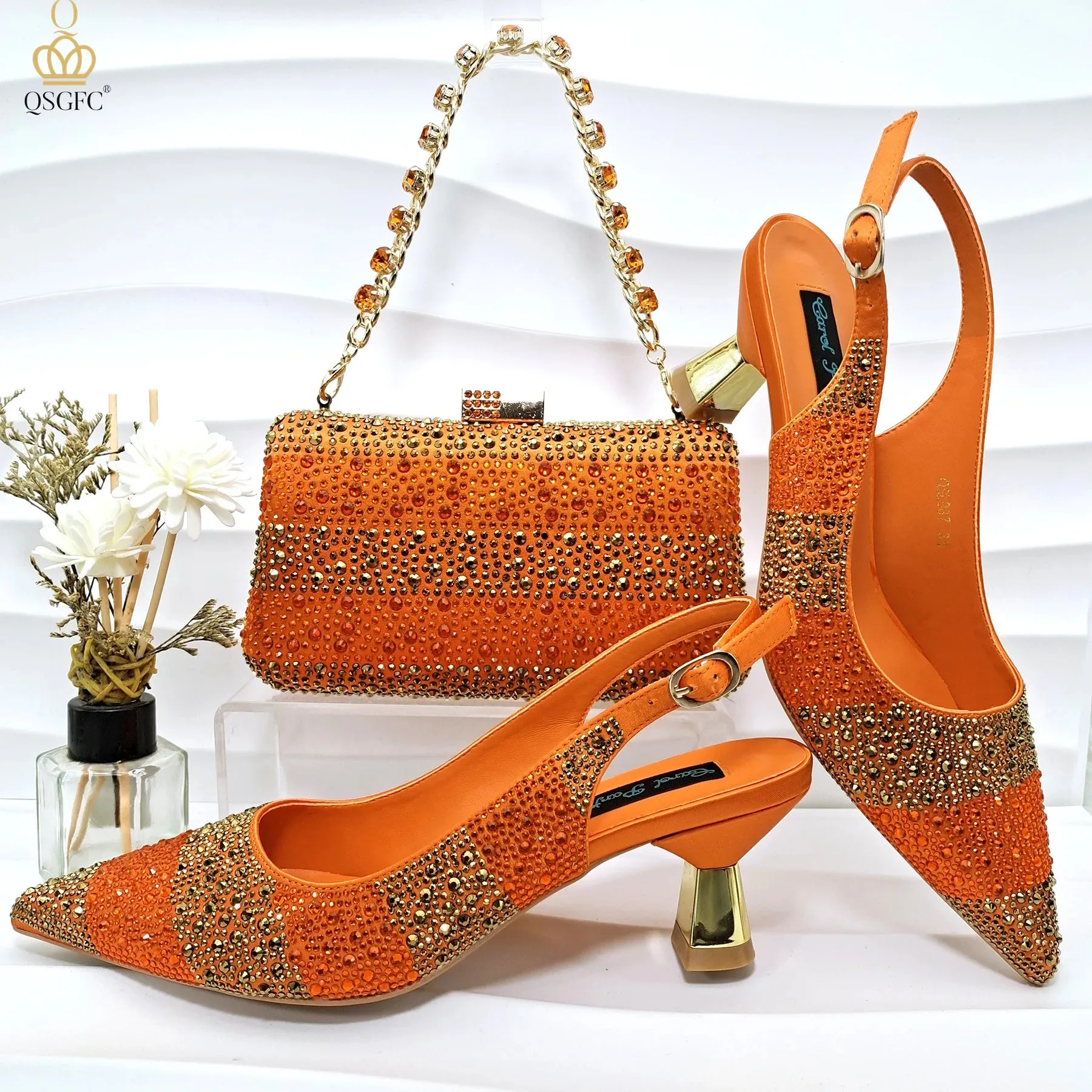 QSGFC INS Gold Color Elegant Women Heels Shoes and Bag Set Hollow Rhinestones  High Heels Wedges Shoes Matching Bag