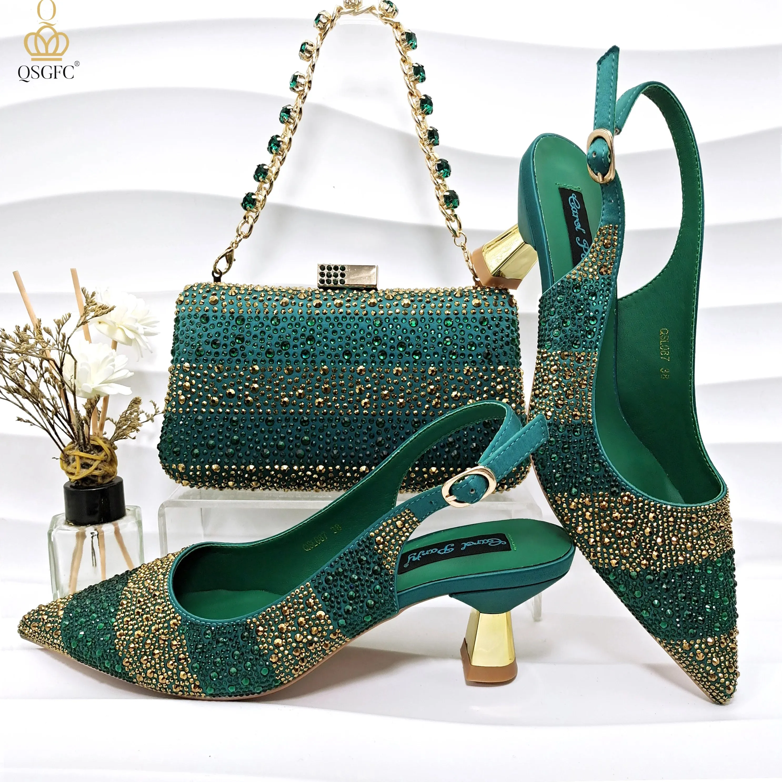 QSGFC INS Gold Color Elegant Women Heels Shoes and Bag Set Hollow Rhinestones  High Heels Wedges Shoes Matching Bag