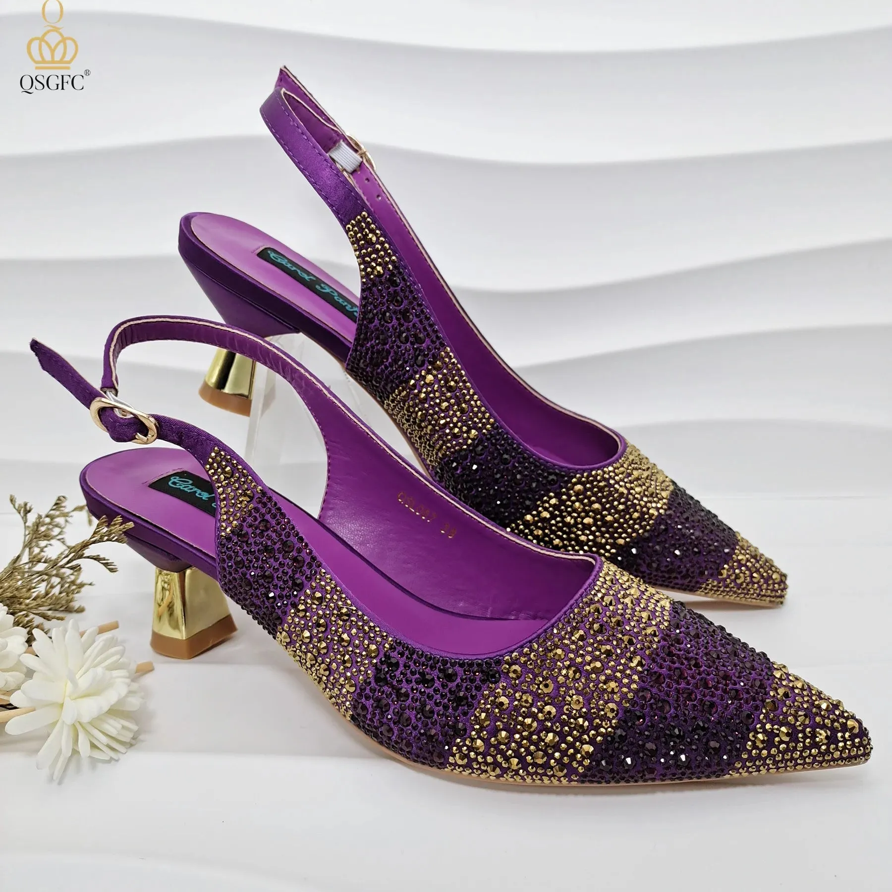 QSGFC INS Gold Color Elegant Women Heels Shoes and Bag Set Hollow Rhinestones  High Heels Wedges Shoes Matching Bag
