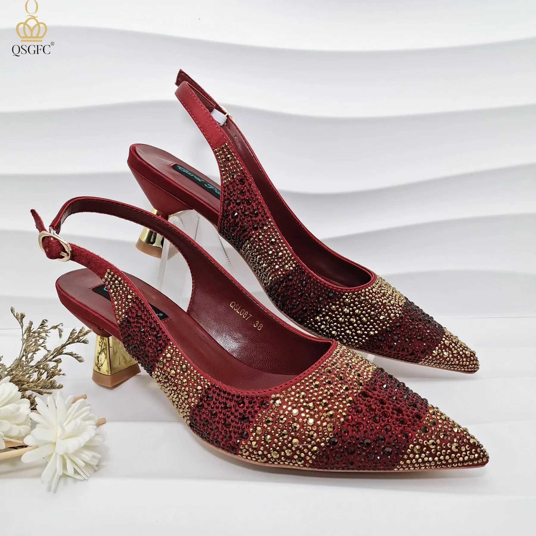 QSGFC INS Gold Color Elegant Women Heels Shoes and Bag Set Hollow Rhinestones  High Heels Wedges Shoes Matching Bag