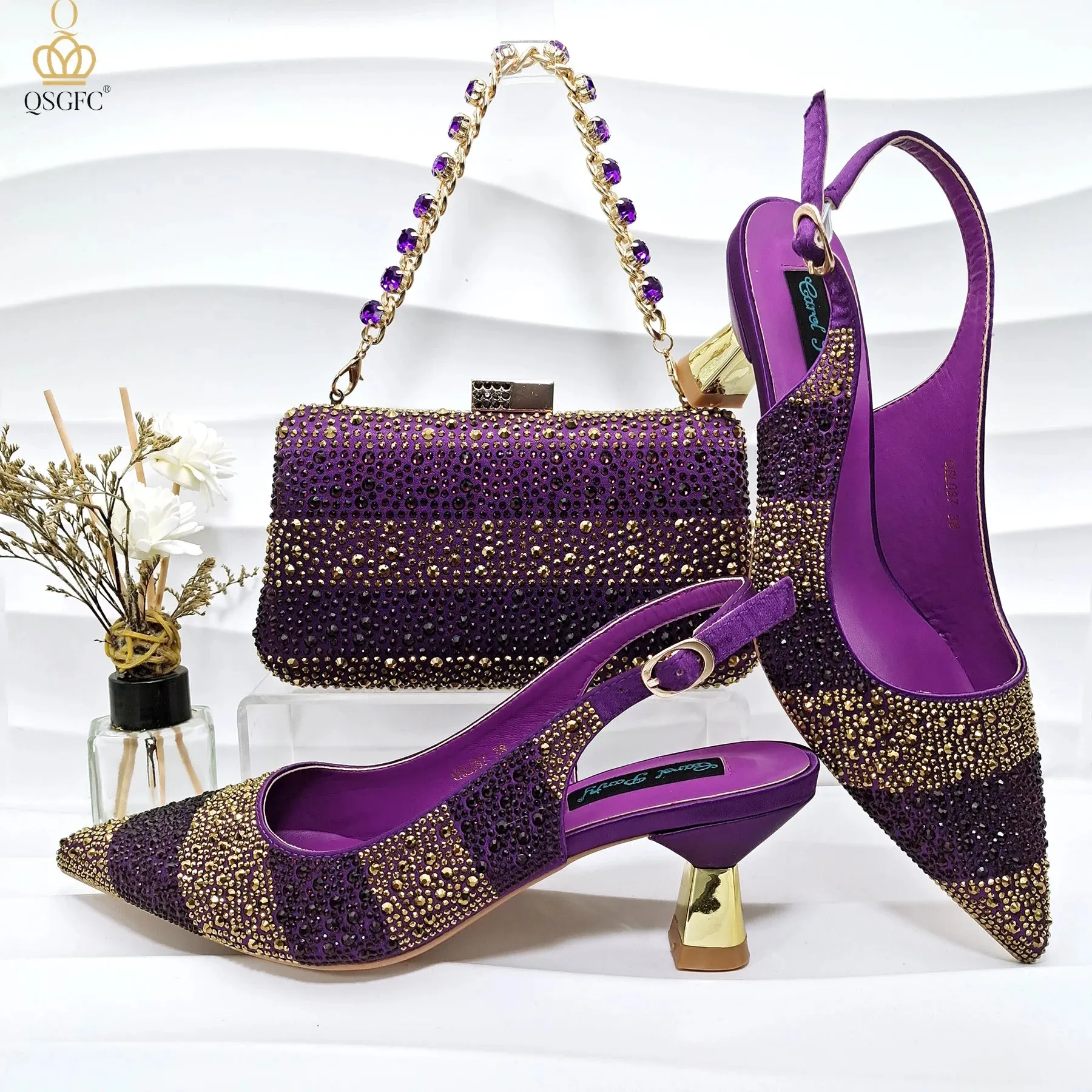 QSGFC INS Gold Color Elegant Women Heels Shoes and Bag Set Hollow Rhinestones  High Heels Wedges Shoes Matching Bag