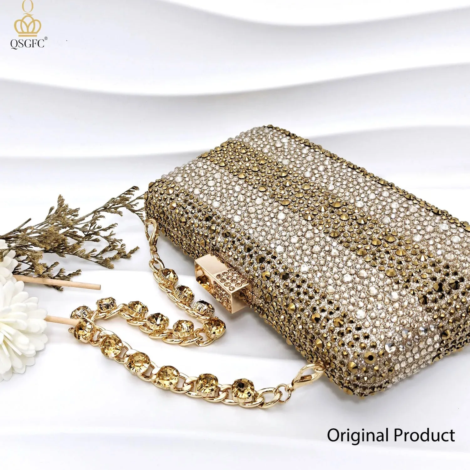 QSGFC INS Gold Color Elegant Women Heels Shoes and Bag Set Hollow Rhinestones  High Heels Wedges Shoes Matching Bag