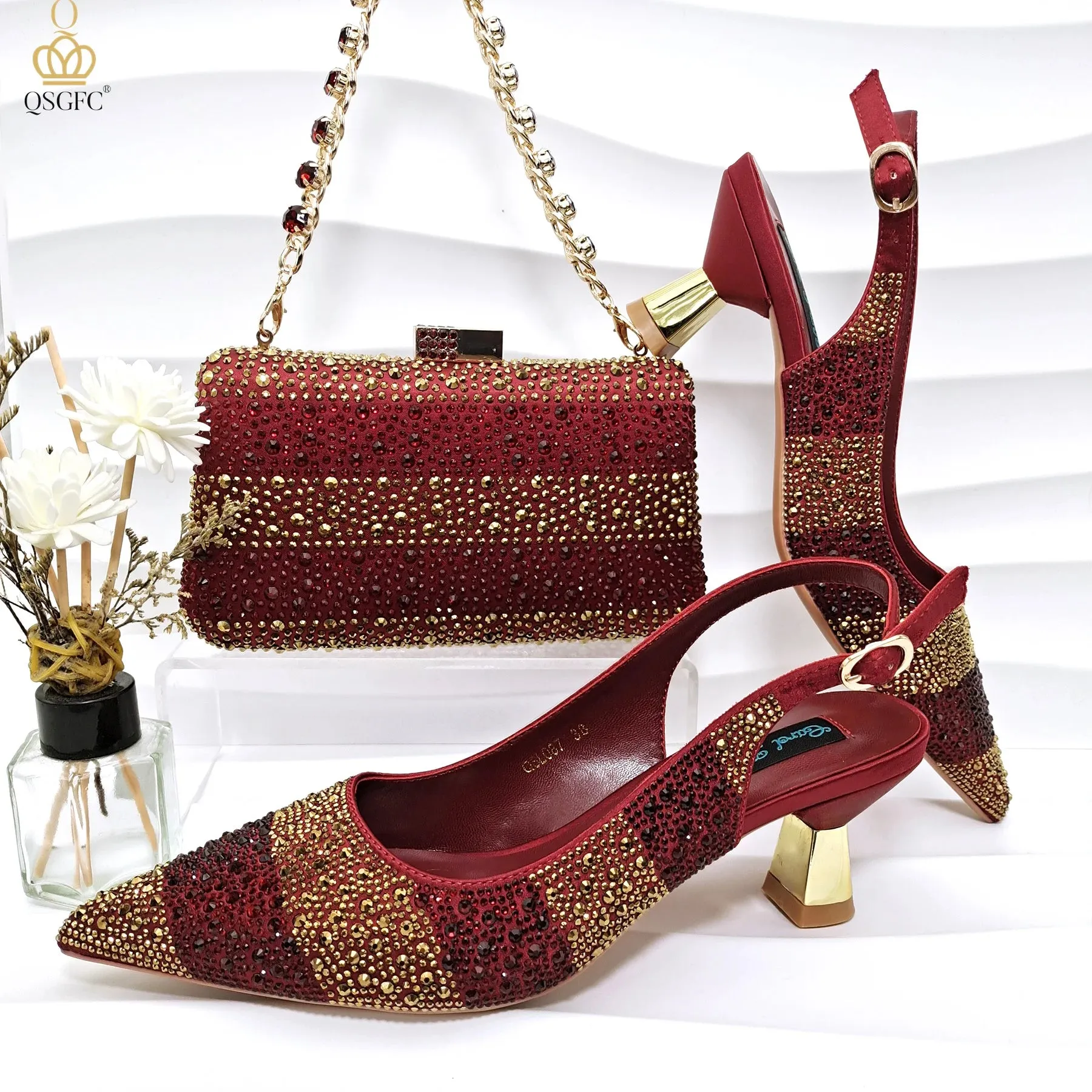 QSGFC INS Gold Color Elegant Women Heels Shoes and Bag Set Hollow Rhinestones  High Heels Wedges Shoes Matching Bag