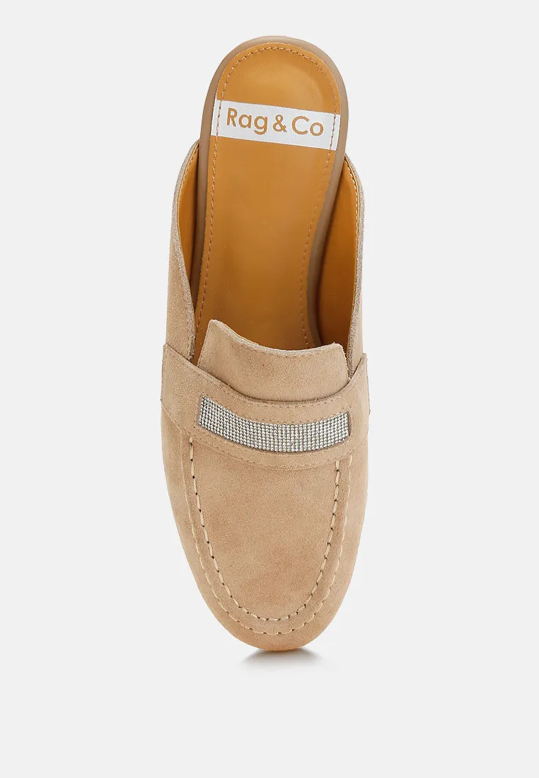 Rhinestone Strap Suede Mules By RUW