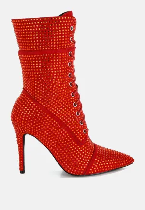 Rhinestones Embellished Calf Boots By RUW
