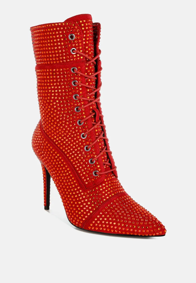 Rhinestones Embellished Calf Boots By RUW