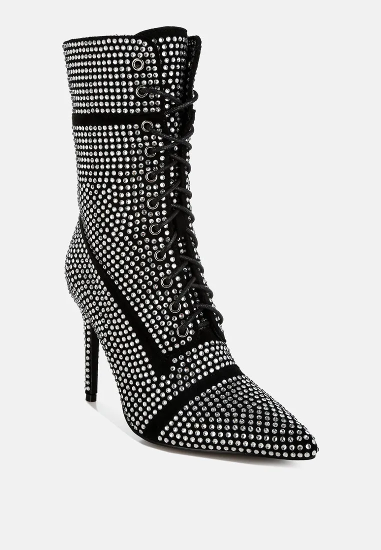 Rhinestones Embellished Calf Boots By RUW