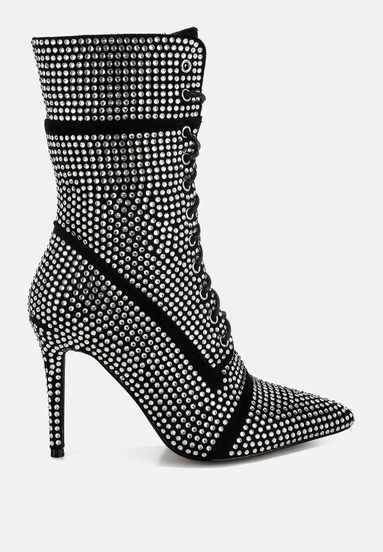Rhinestones Embellished Calf Boots By RUW
