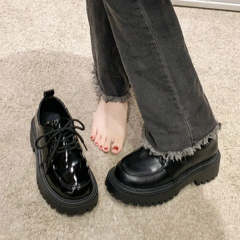 Rimocy Chunky Platform Oxfords Shoes for Women 2025 Spring Non Slip Lace Up Flats Woman Thick Bottom Patent Leather Gothic Shoes