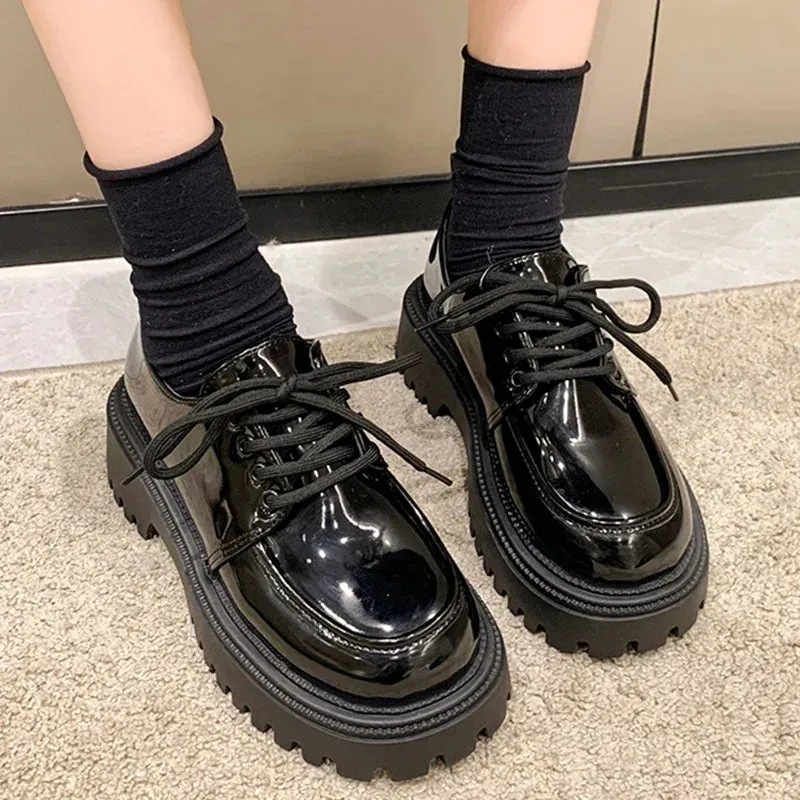 Rimocy Chunky Platform Oxfords Shoes for Women 2025 Spring Non Slip Lace Up Flats Woman Thick Bottom Patent Leather Gothic Shoes