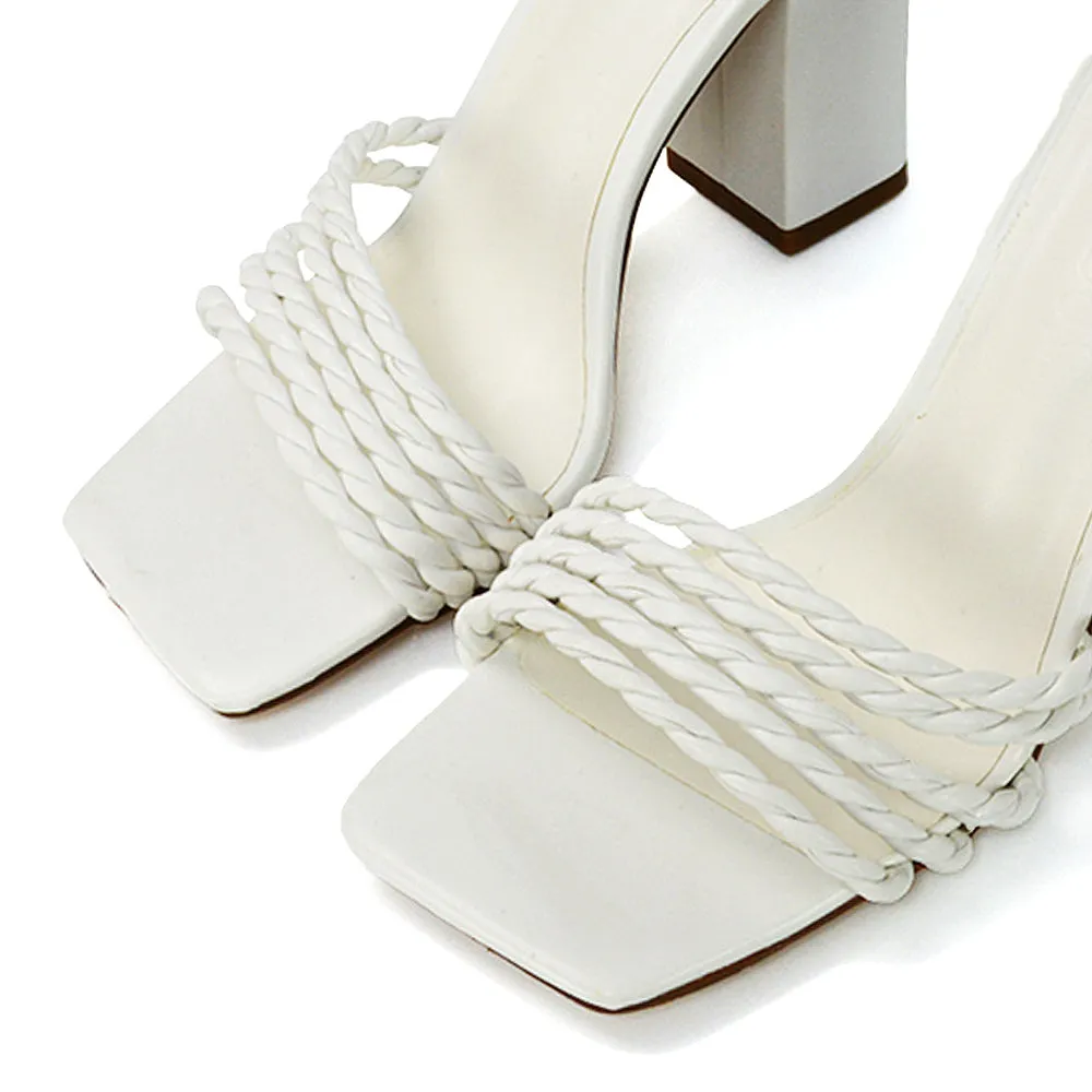 Selene Twist Detail Strappy Square Toe Block Heel Mules in Black Synthetic Leather