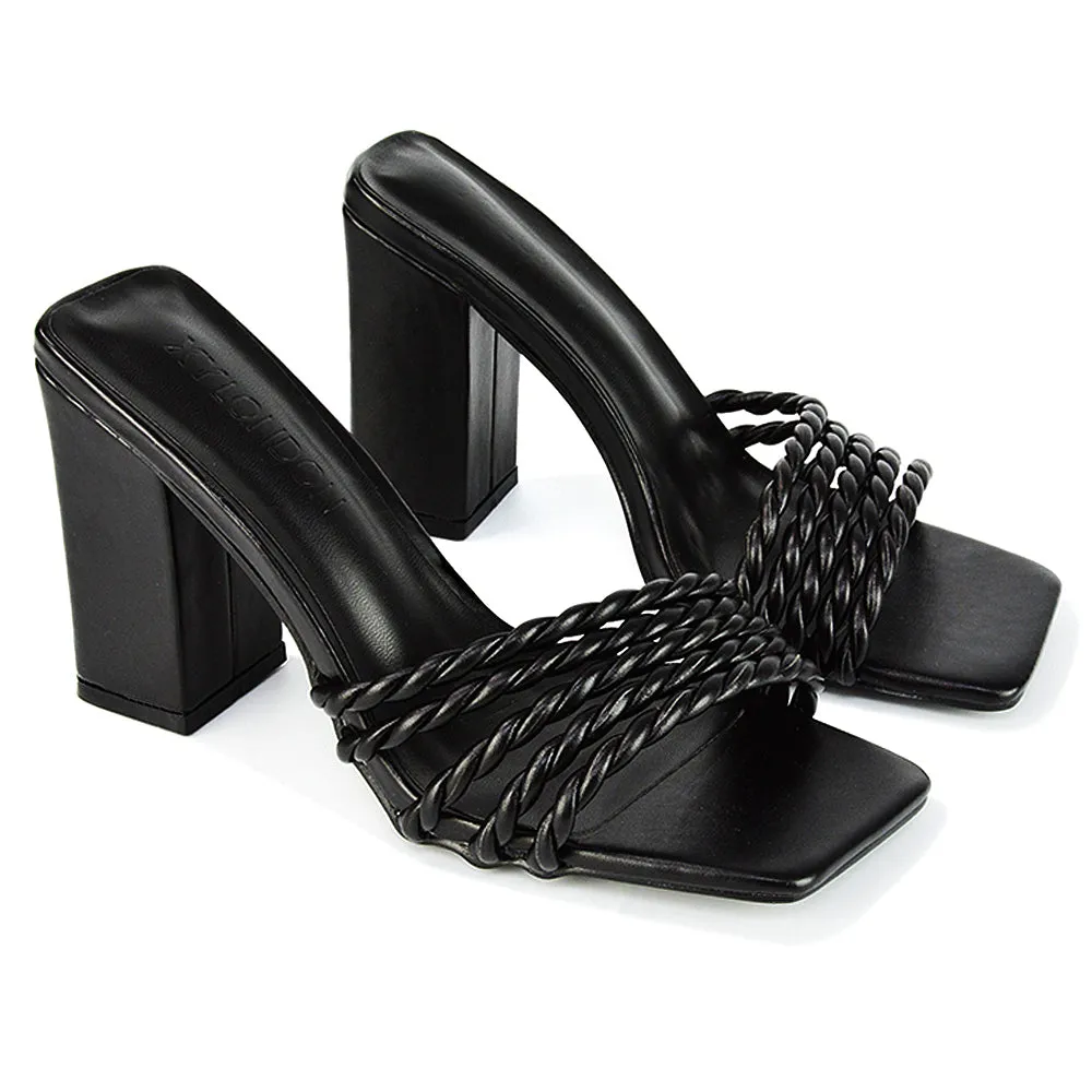 Selene Twist Detail Strappy Square Toe Block Heel Mules in Black Synthetic Leather