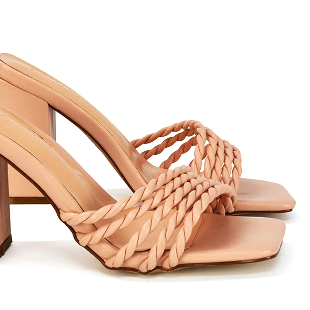 Selene Twist Detail Strappy Square Toe Block Heel Mules in Black Synthetic Leather