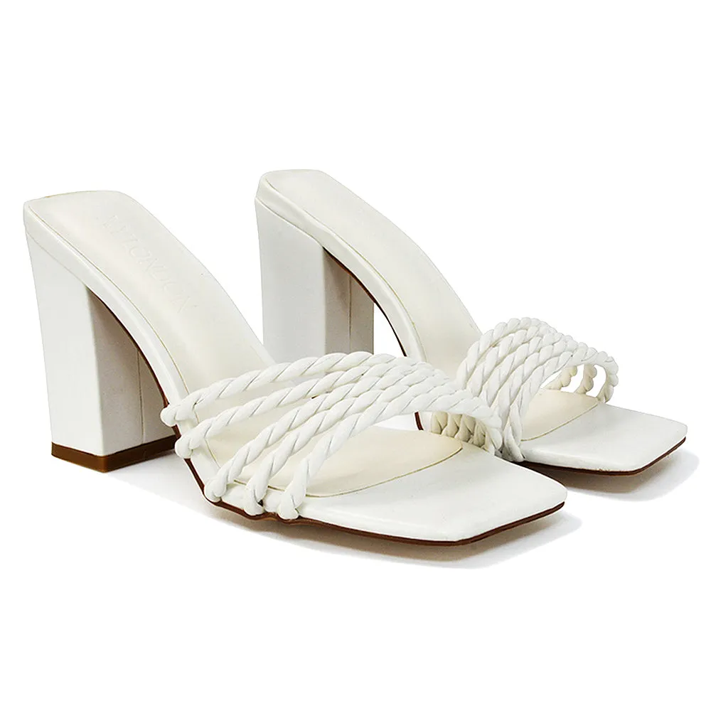 Selene Twist Detail Strappy Square Toe Block Heel Mules in Black Synthetic Leather