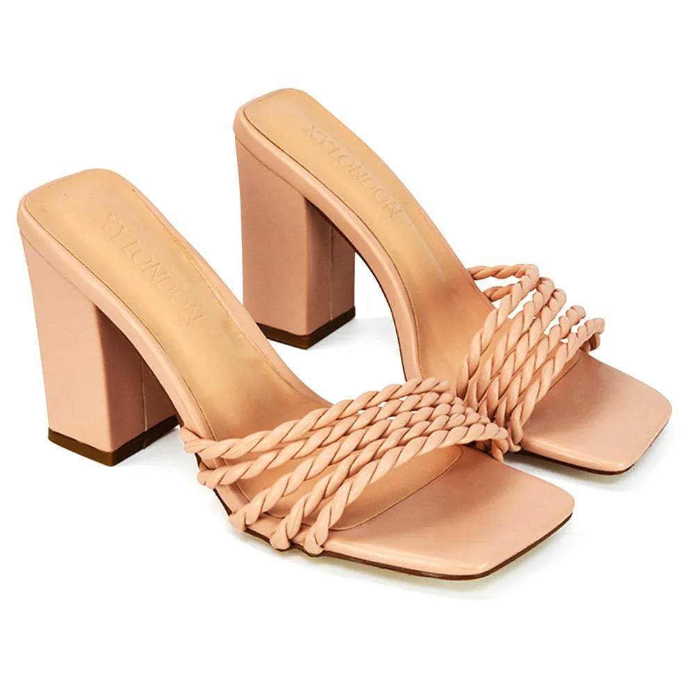 Selene Twist Detail Strappy Square Toe Block Heel Mules in Black Synthetic Leather