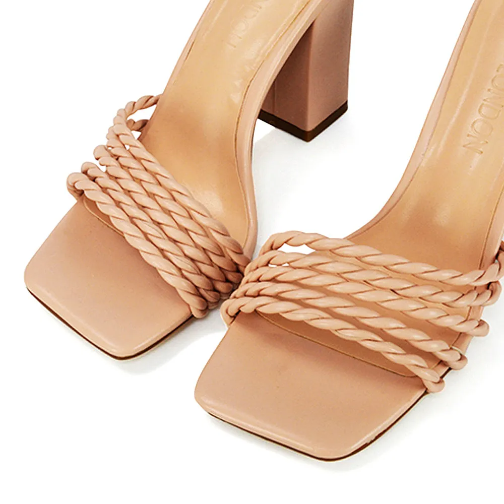Selene Twist Detail Strappy Square Toe Block Heel Mules in Black Synthetic Leather
