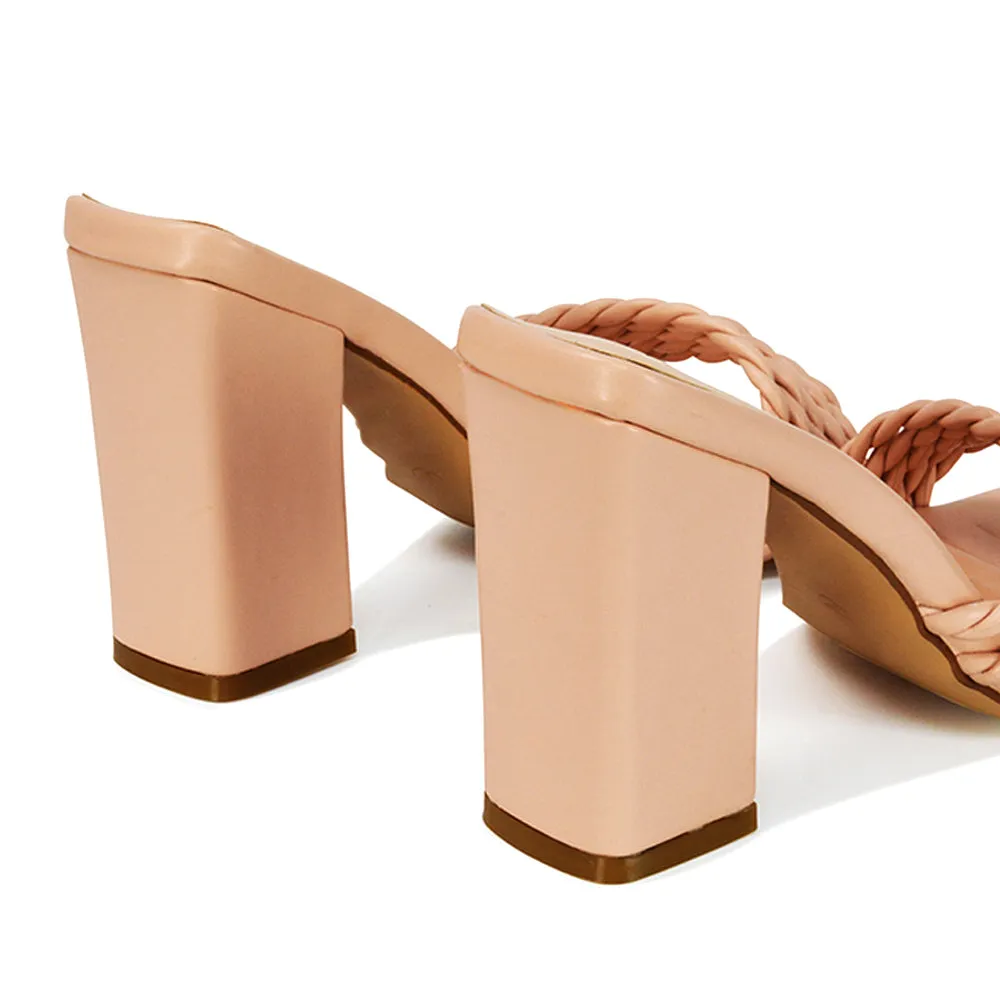Selene Twist Detail Strappy Square Toe Block Heel Mules in Black Synthetic Leather