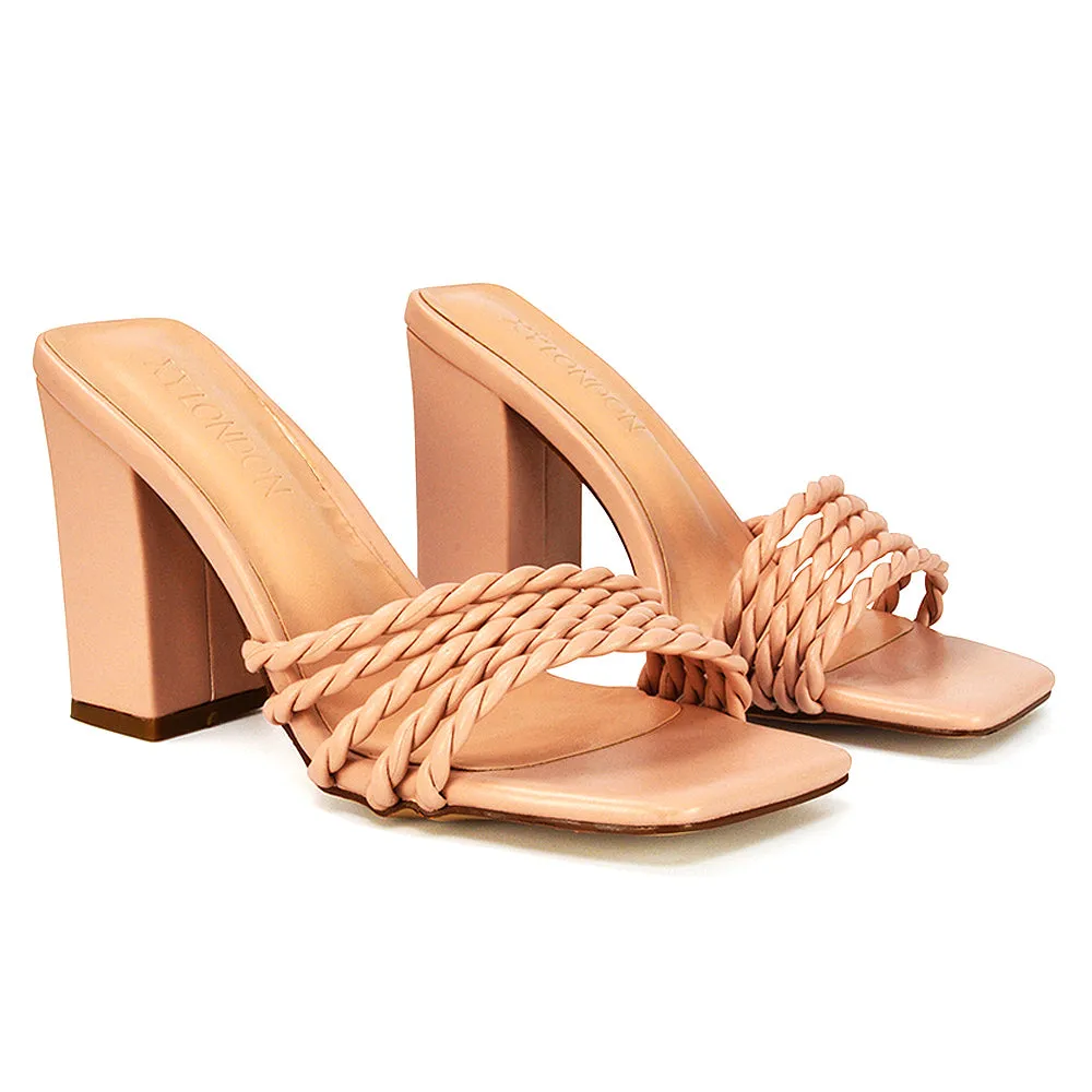 Selene Twist Detail Strappy Square Toe Block Heel Mules in Black Synthetic Leather