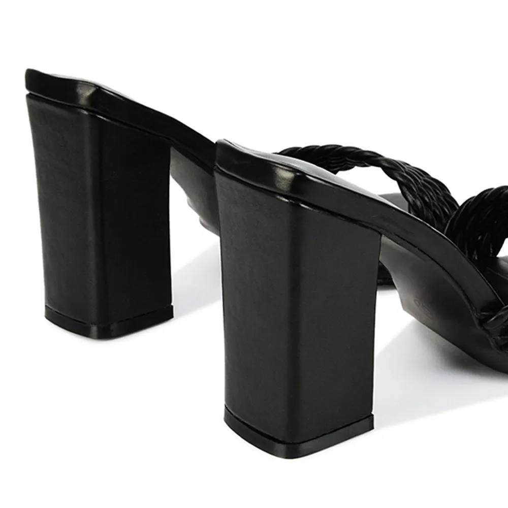 Selene Twist Detail Strappy Square Toe Block Heel Mules in Black Synthetic Leather