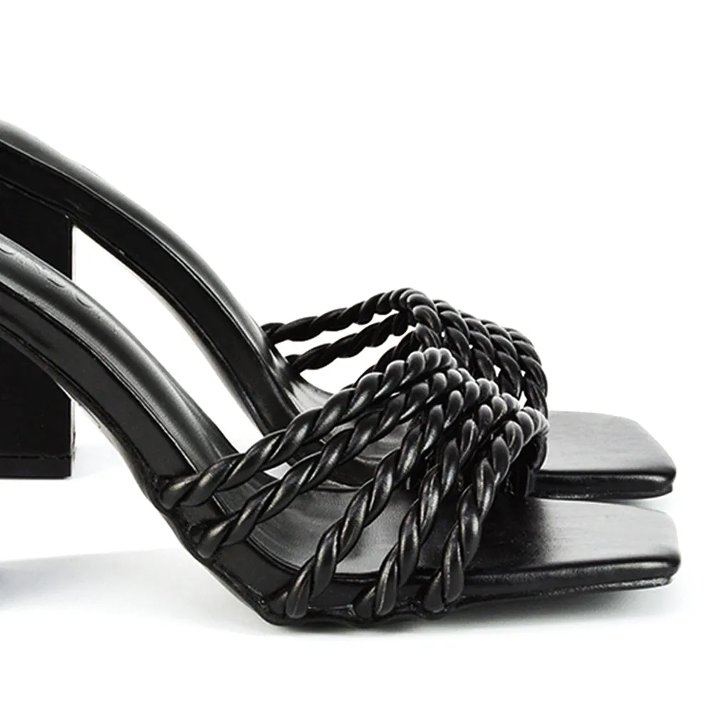 Selene Twist Detail Strappy Square Toe Block Heel Mules in Black Synthetic Leather