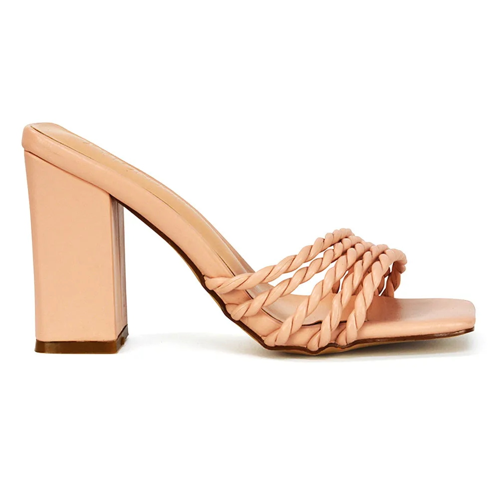 Selene Twist Detail Strappy Square Toe Block Heel Mules in Black Synthetic Leather