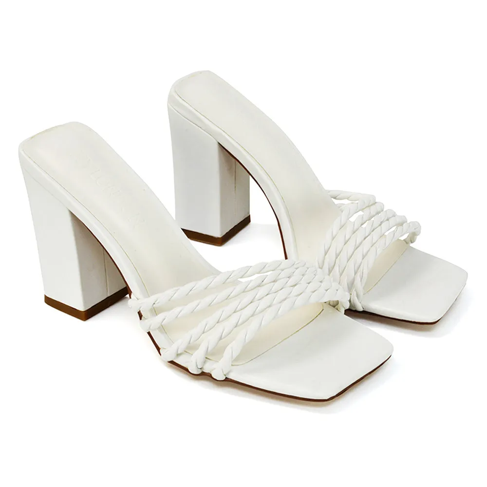 Selene Twist Detail Strappy Square Toe Block Heel Mules in Black Synthetic Leather