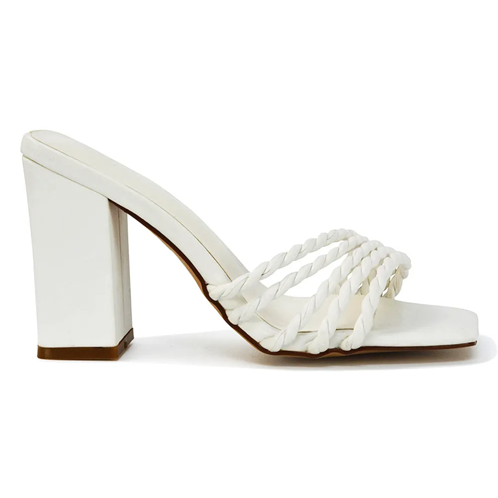Selene Twist Detail Strappy Square Toe Block Heel Mules in Black Synthetic Leather