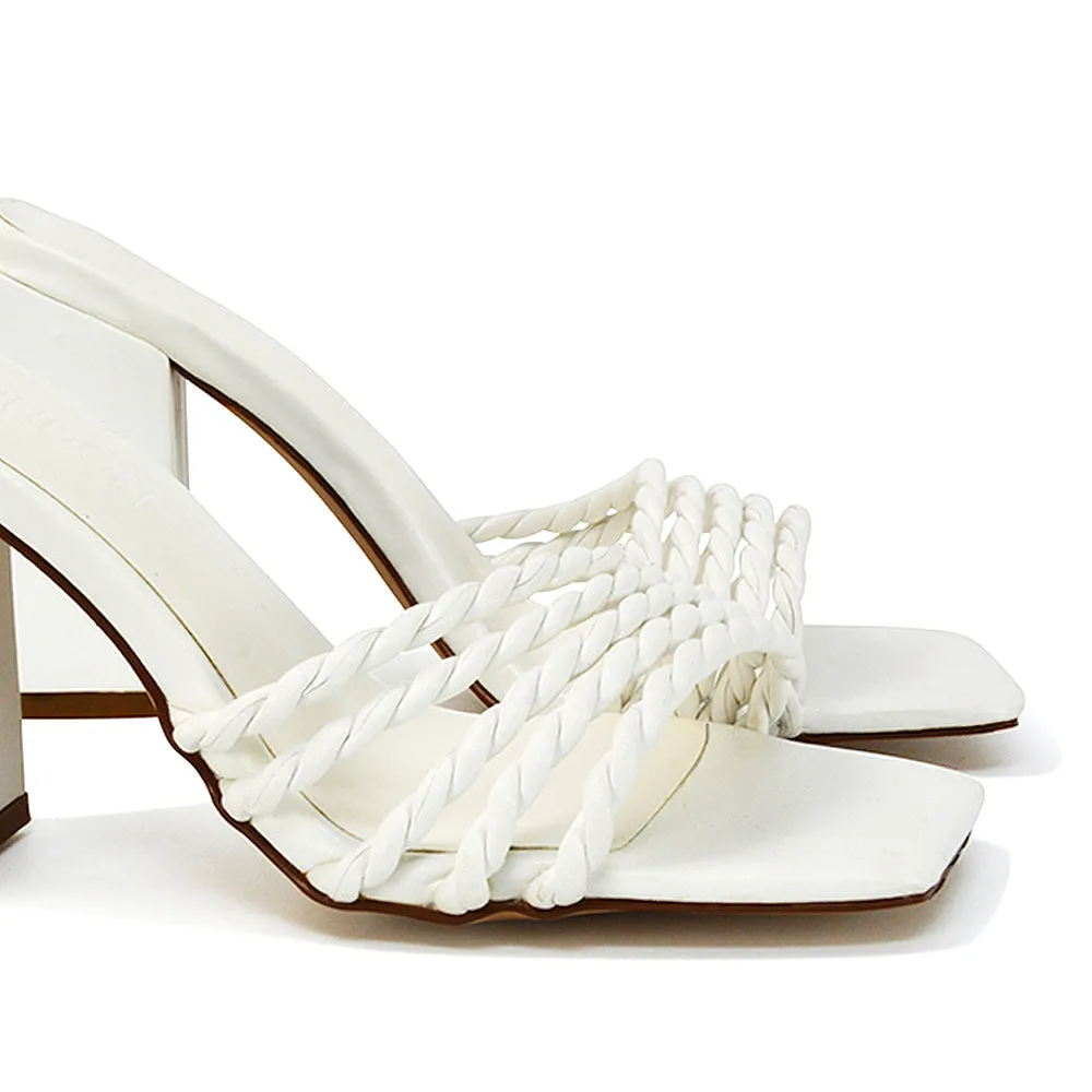 Selene Twist Detail Strappy Square Toe Block Heel Mules in Black Synthetic Leather
