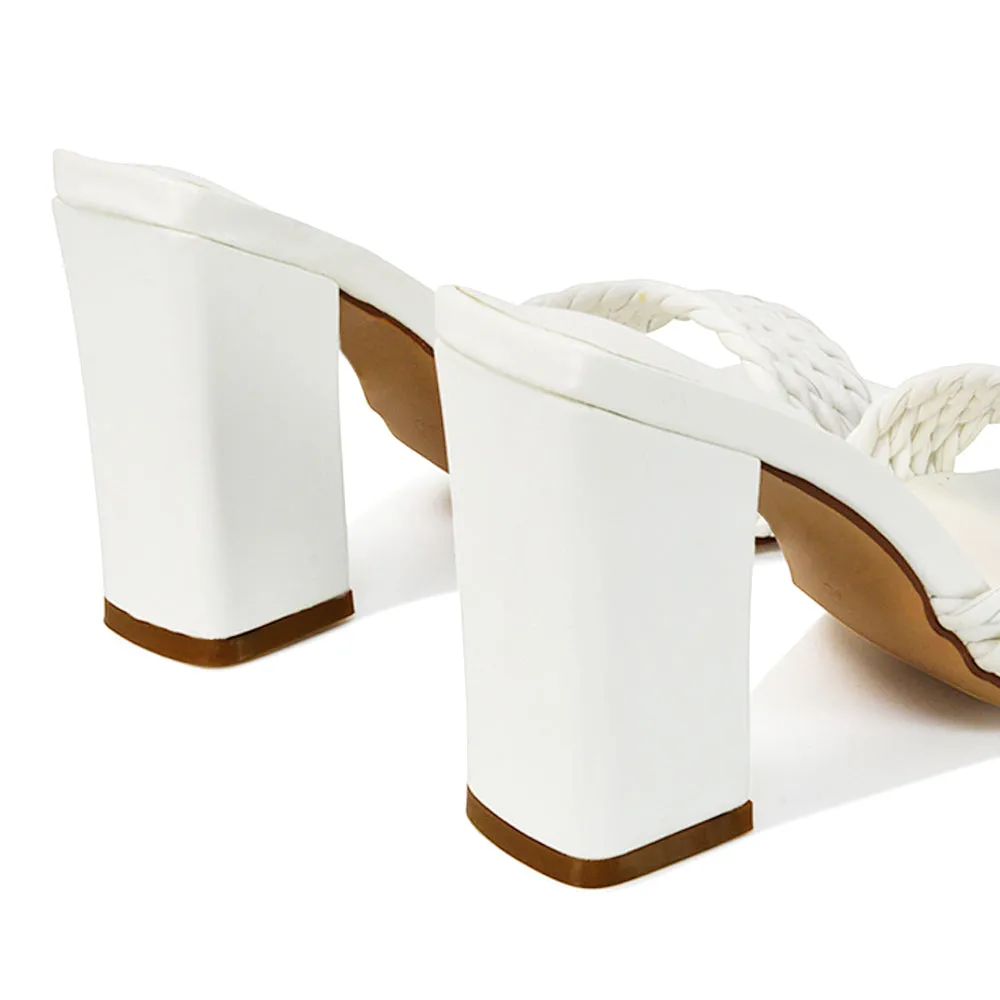 Selene Twist Detail Strappy Square Toe Block Heel Mules in Black Synthetic Leather