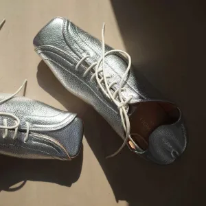 Silver Textured Leather Lace-Up Derby Shoes
