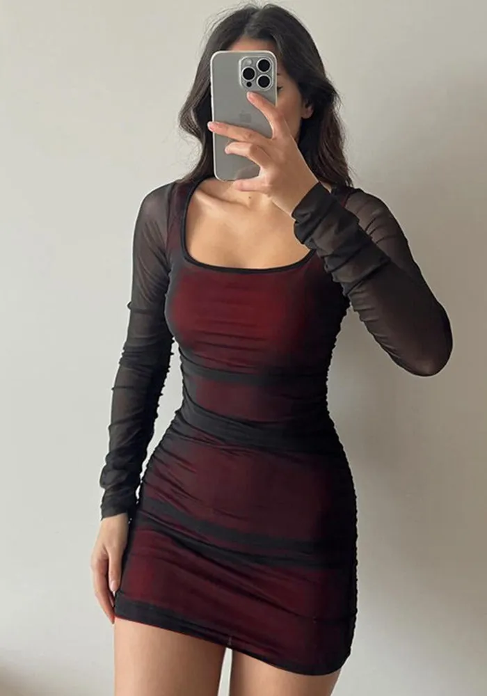 Sleek Seduction Sheer Mesh Long-Sleeve Bodycon Dress