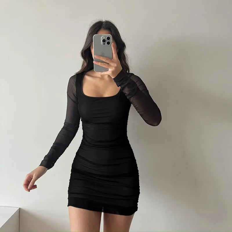 Sleek Seduction Sheer Mesh Long-Sleeve Bodycon Dress