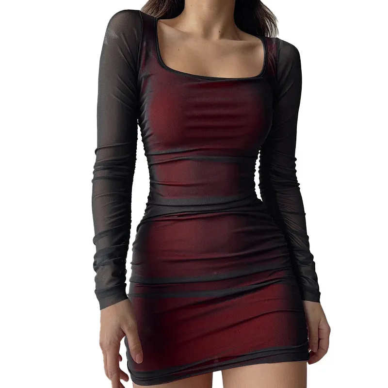 Sleek Seduction Sheer Mesh Long-Sleeve Bodycon Dress