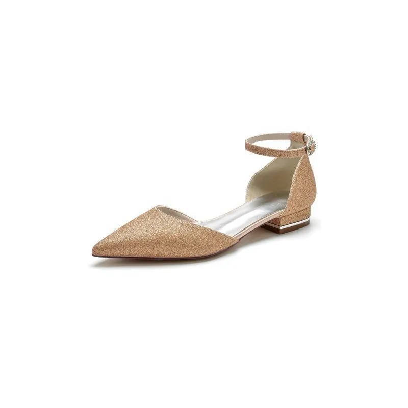 Stretch Glitter With Ankle Strap Pointed Toe Flat Heel Party Shoes