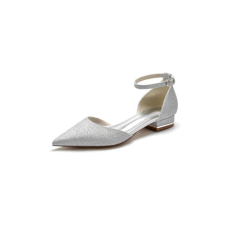 Stretch Glitter With Ankle Strap Pointed Toe Flat Heel Party Shoes