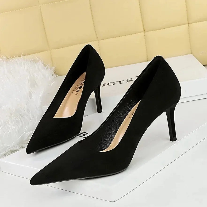 Suede Black Women Pumps  High Heels Pointed Toe Women Heels 7Cm Ladies Shoes Office Shoes