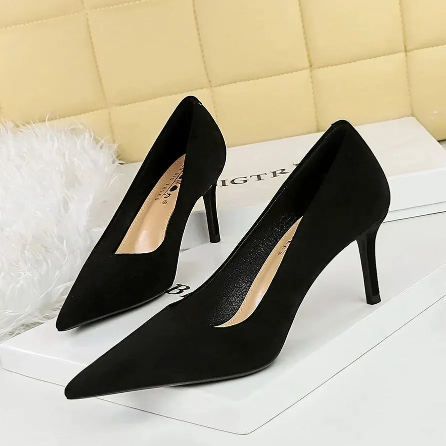 Suede Black Women Pumps  High Heels Pointed Toe Women Heels 7Cm Ladies Shoes Office Shoes