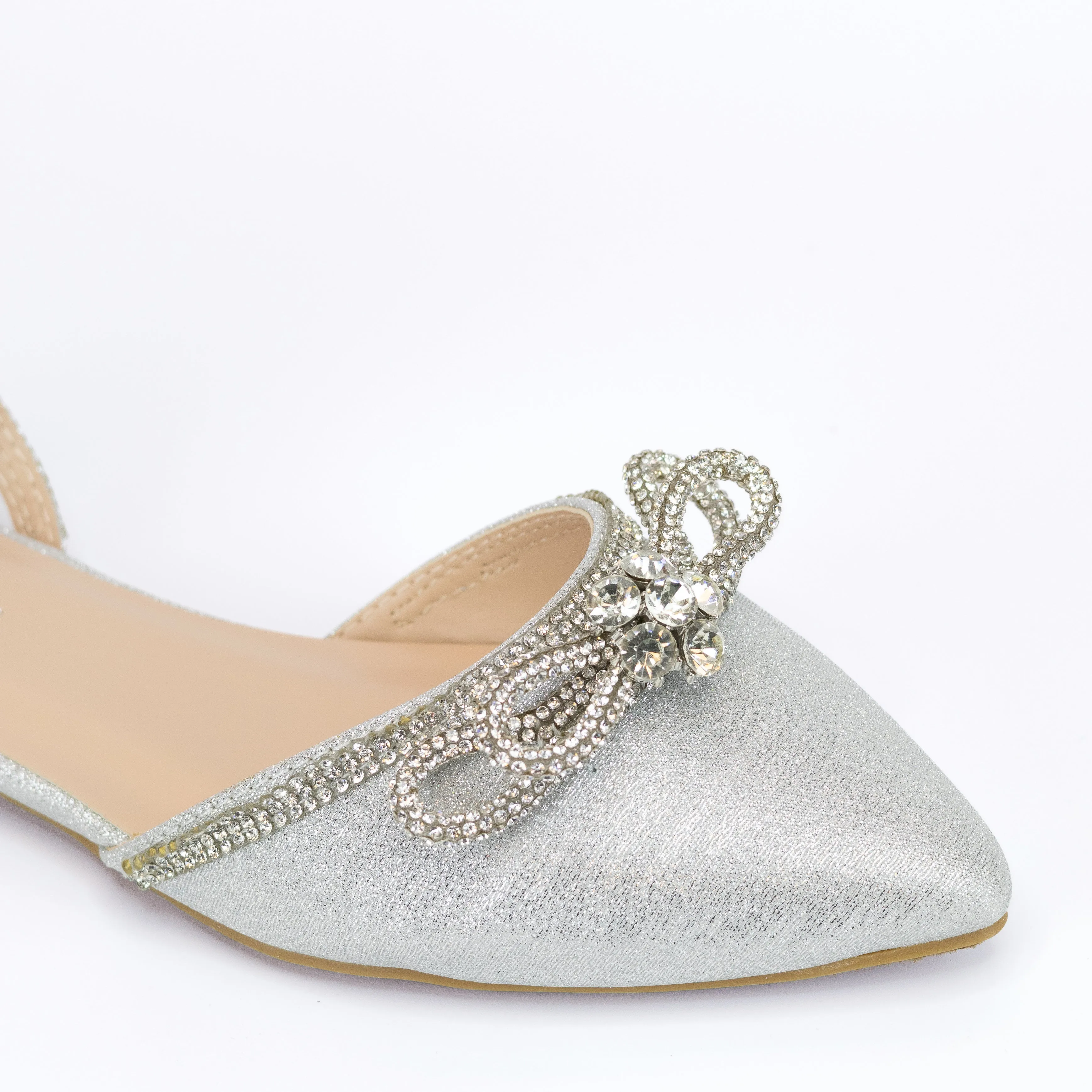Sunbeam - Pointed Toe Ankle Strap Flats, Rhinestone Bow Detail, Elegant & Comfortable for Work or Special Occasions